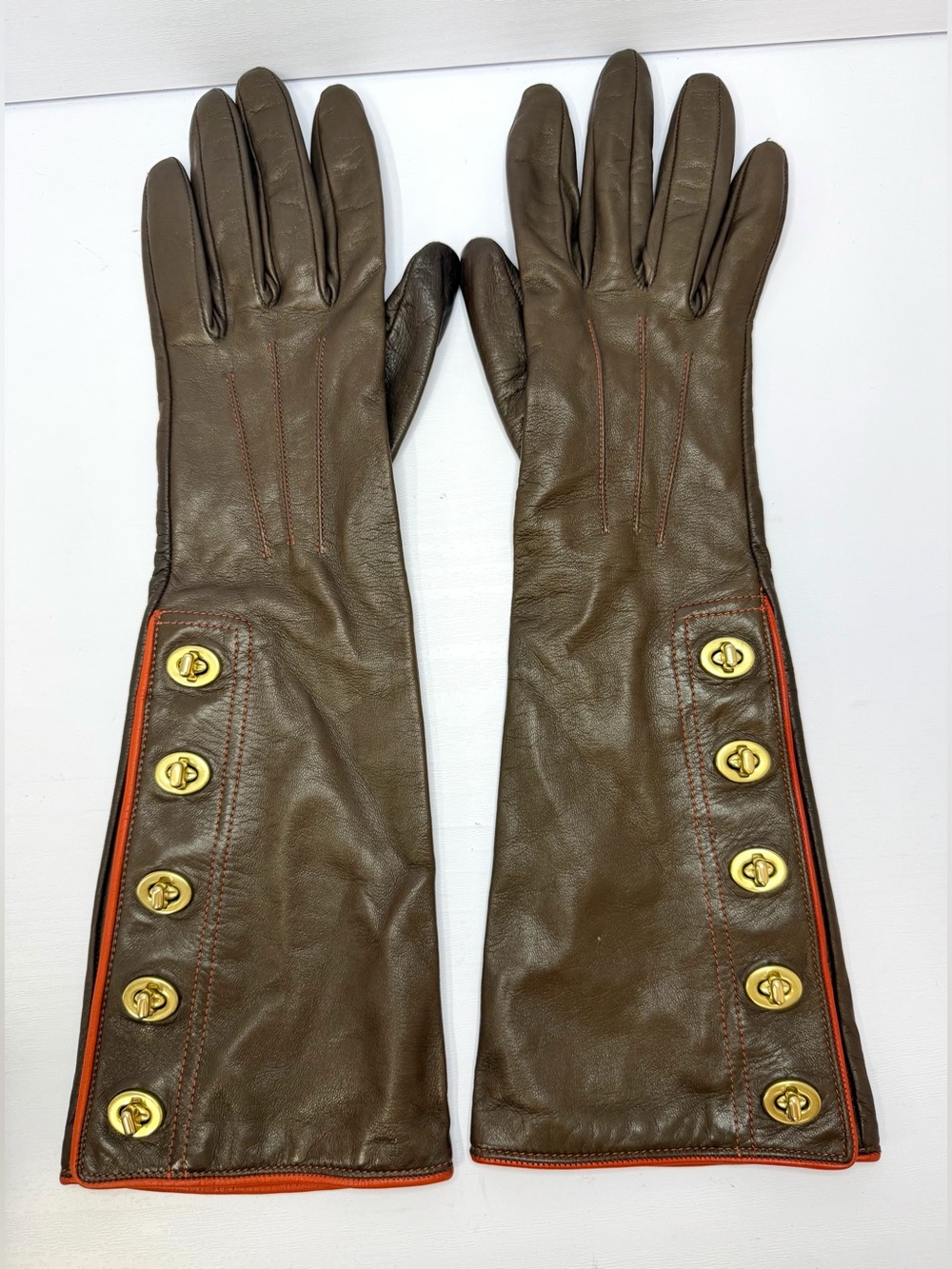 COACH Made in Italy Brown Leather Opera Long Gloves Brass Turnlock Size 7  14”
